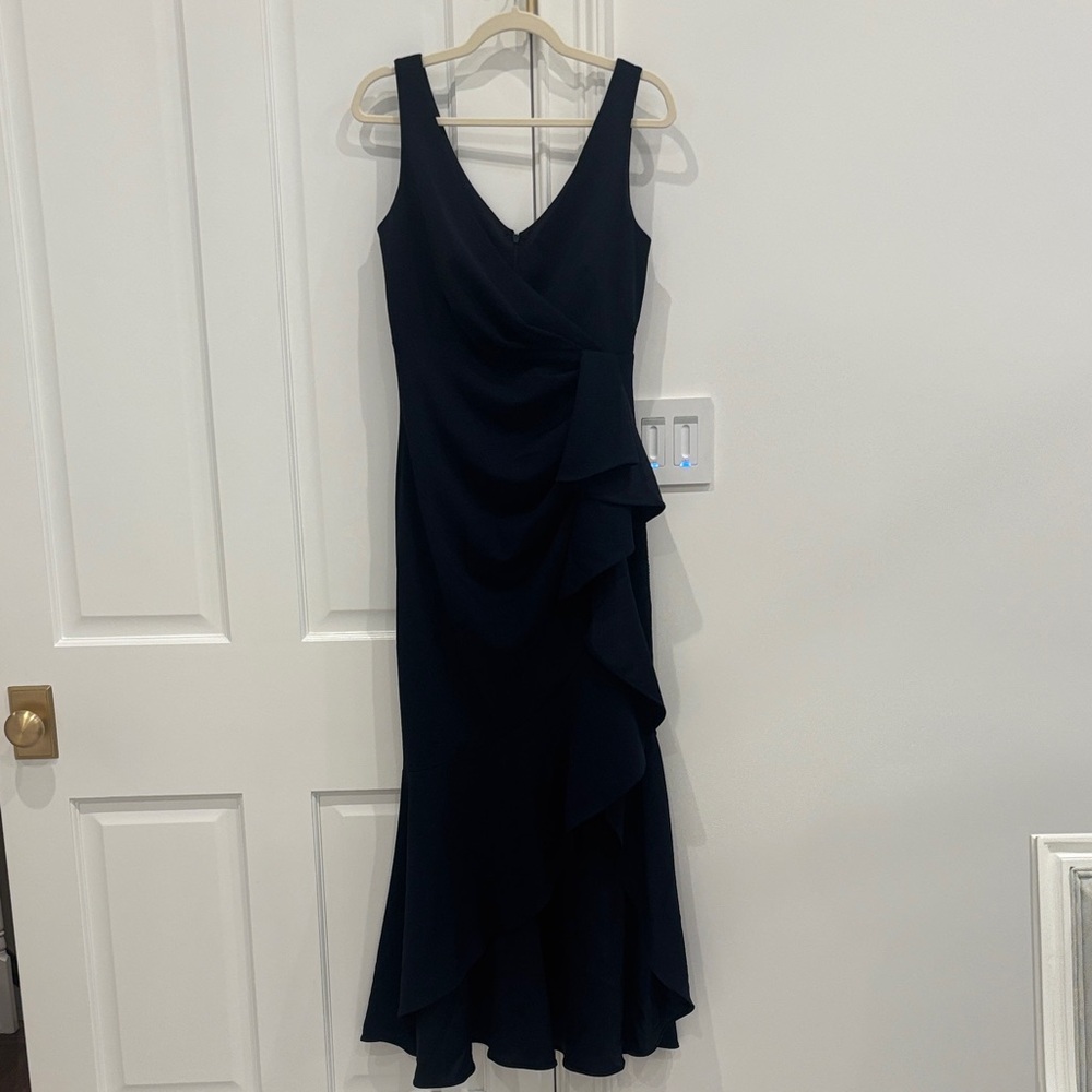 V Neck Cascade Ruffle High-Low Gown
